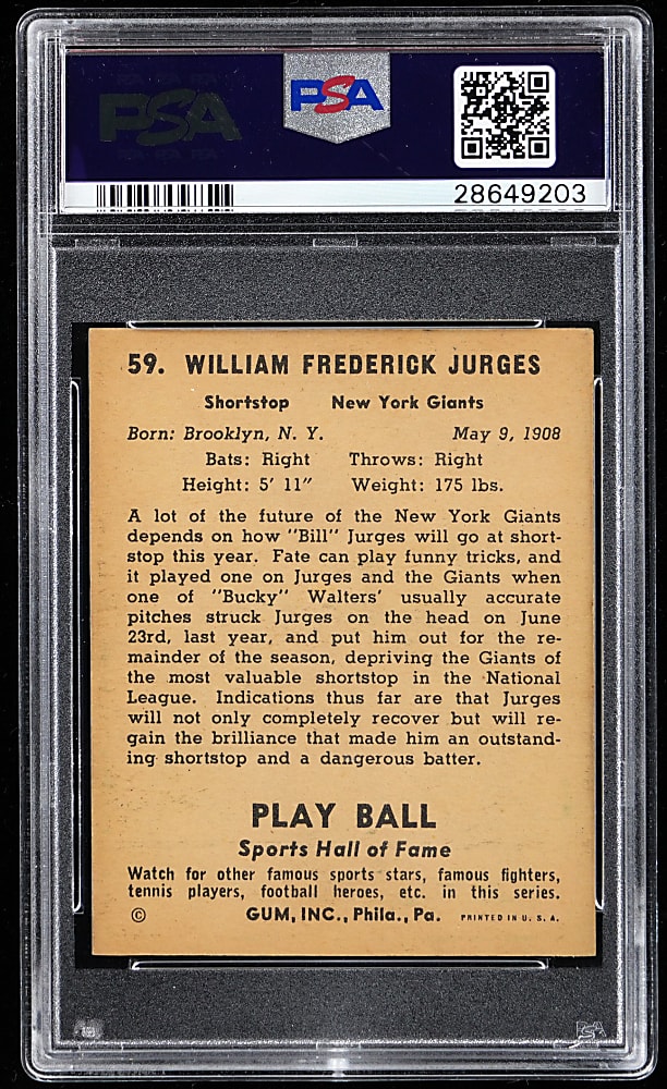 1941 Play Ball #59 Bill Jurges PSA NM-MT 8 - Only 6 Higher