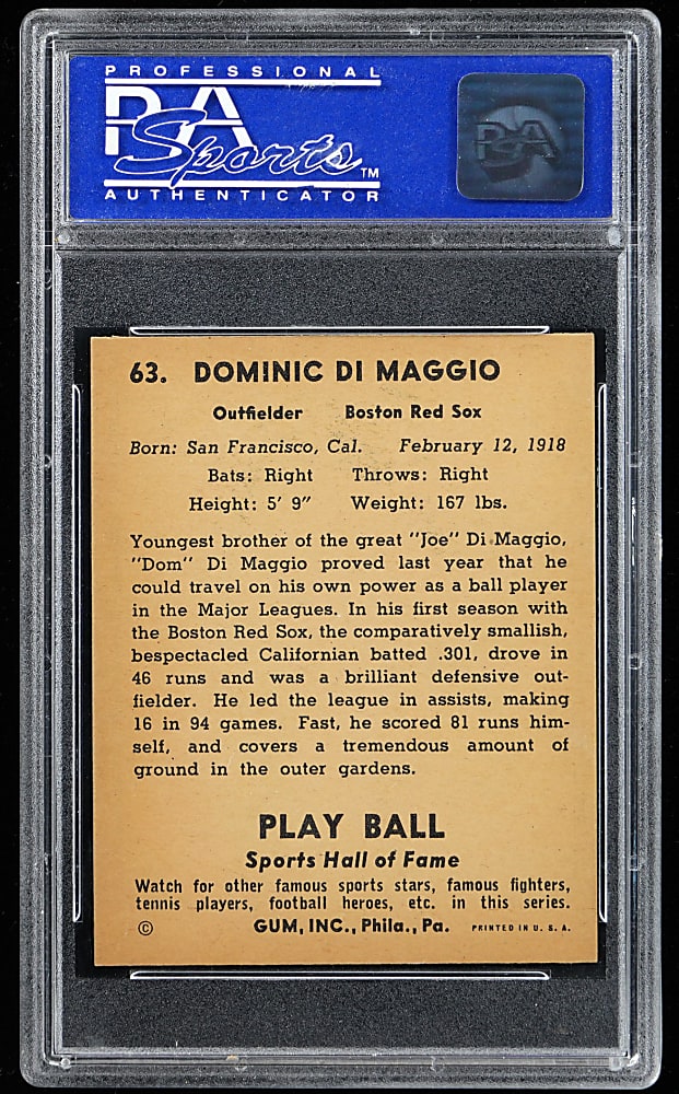1941 Play Ball #63 Dom DiMaggio PSA NM-MT 8 - Only 6 Higher