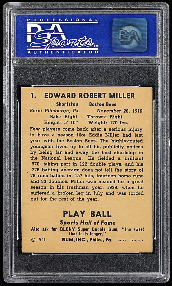 1941 Play Ball #1 Eddie Miller PSA NM 7