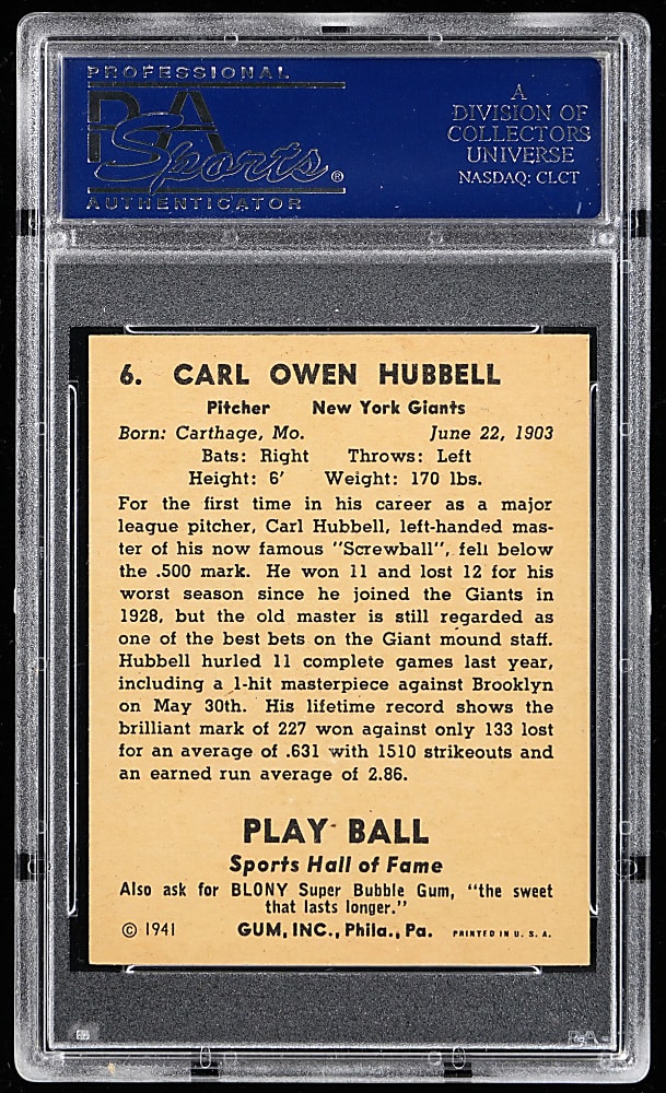 1941 Play Ball #6 Carl Hubbell PSA NM 7