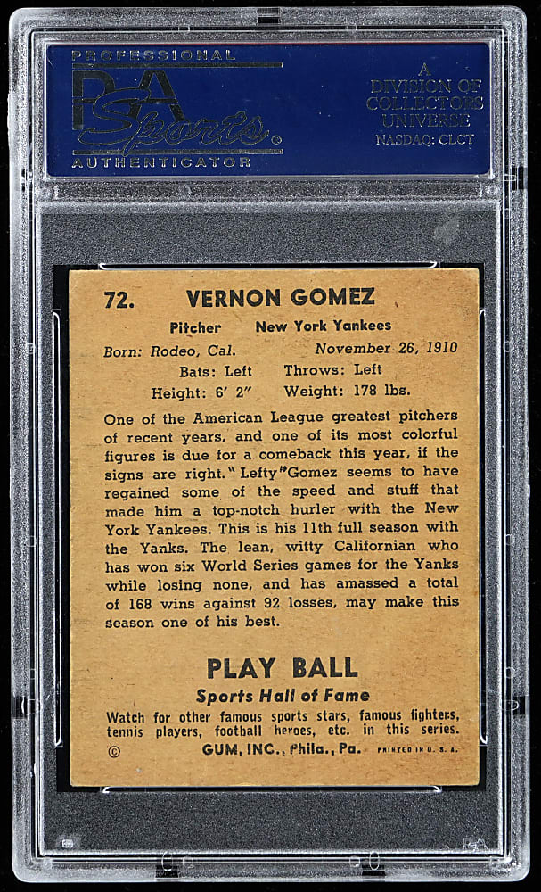 1941 Play Ball #72 Lefty Gomez PSA EX-MT 6