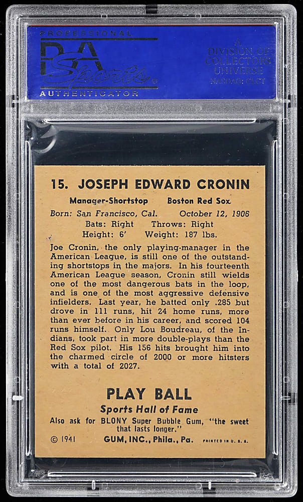 1941 Play Ball #15 Joe Cronin PSA NM-MT 8 - Only 5 Higher