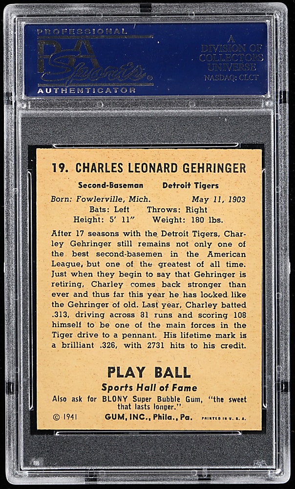 1941 Play Ball #19 Charlie Gehringer PSA NM-MT 8 - Only 6 Higher