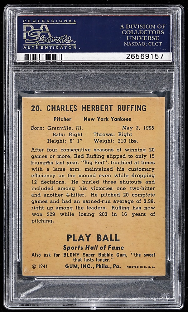 1941 Play Ball #20 Red Ruffing PSA NM-MT 8 - Only 5 Higher