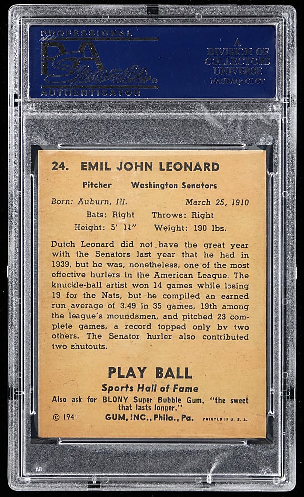 1941 Play Ball #24 Dutch Leonard PSA NM-MT 8 - Only 3 Higher