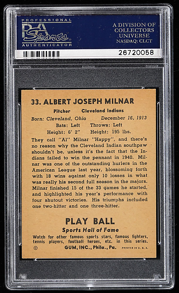 1941 Play Ball #33 Happy Milnar PSA NM-MT 8 - Only 3 Higher