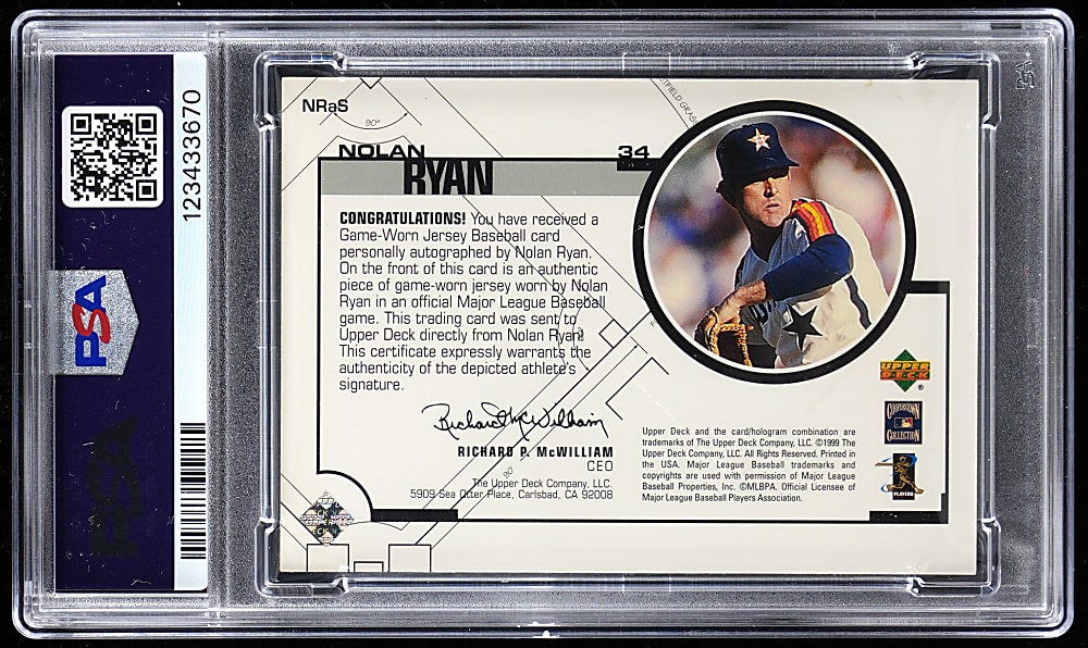 1999 Upper Deck Nolan Ryan Game Jersey/Autograph PSA NM 7 with GEM MINT 10 Auto Grade #/34
