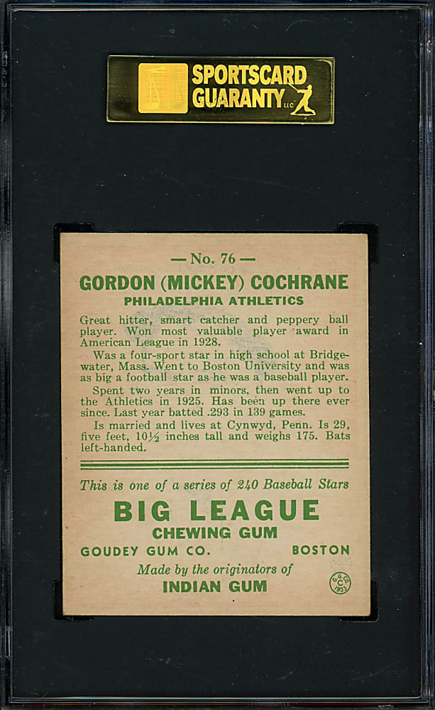 1933 Goudey #76 Mickey Cochrane SGC NM 7