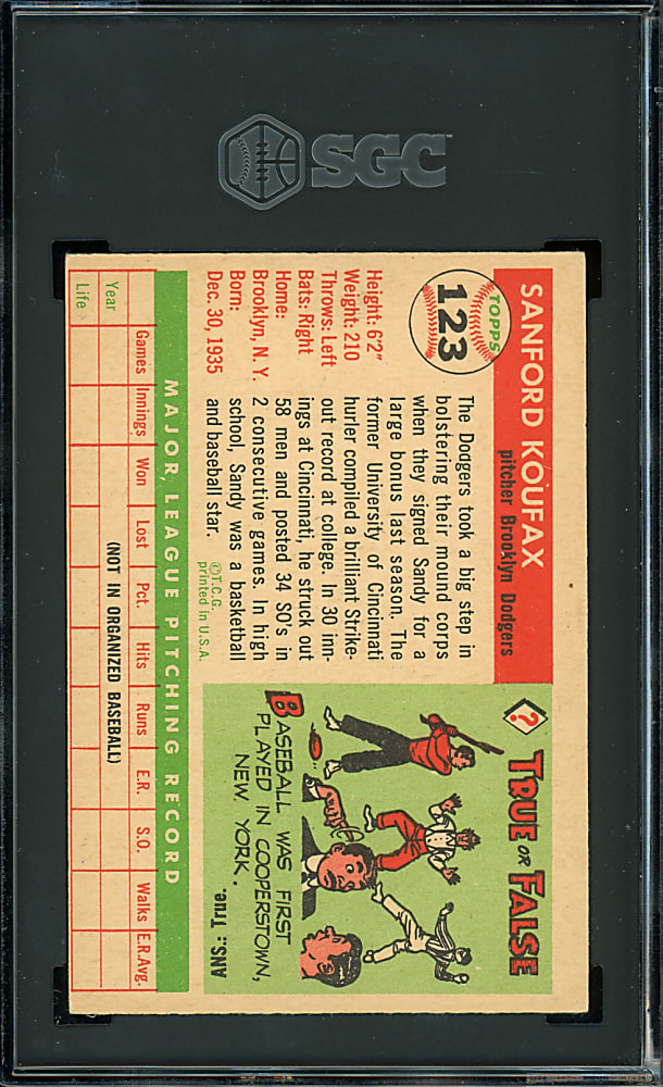 1955 Topps #123 Sandy Koufax Rookie SGC VG/EX 4