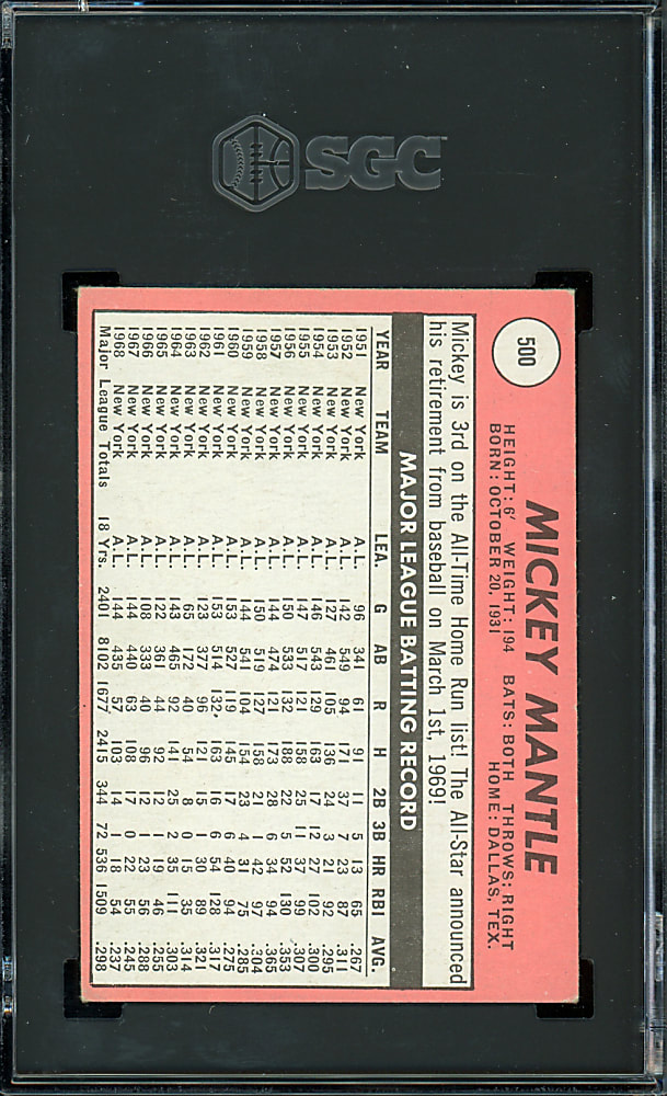 1969 Topps #500 Mickey Mantle SGC VG/EX 4