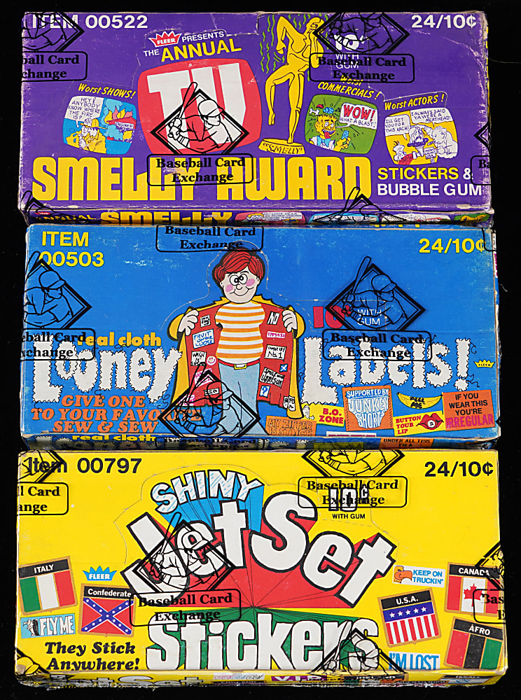 1970-1980 Fleer Non-Sport Unopened Wax Box Trio with Looney Labels, Shiny Jet Set & Smelly Awards - All BCCE