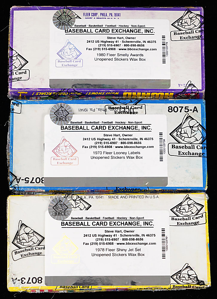 1970-1980 Fleer Non-Sport Unopened Wax Box Trio with Looney Labels, Shiny Jet Set & Smelly Awards - All BCCE