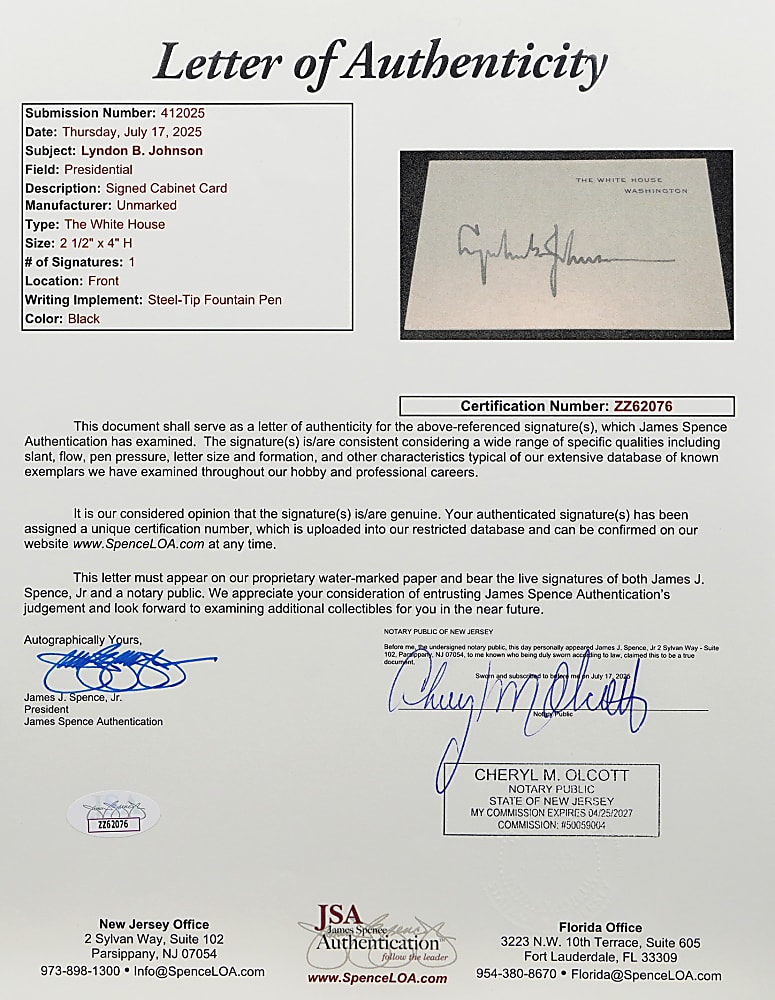 1960s Lyndon B. Johnson Exceedingly Rare Signed White House Card - PSA/DNA MINT 9 Auto & Full JSA LOA