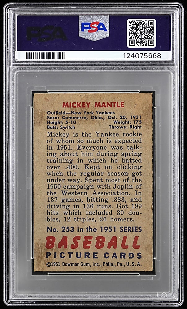 1951 Bowman #253 Mickey Mantle Rookie PSA VG 3