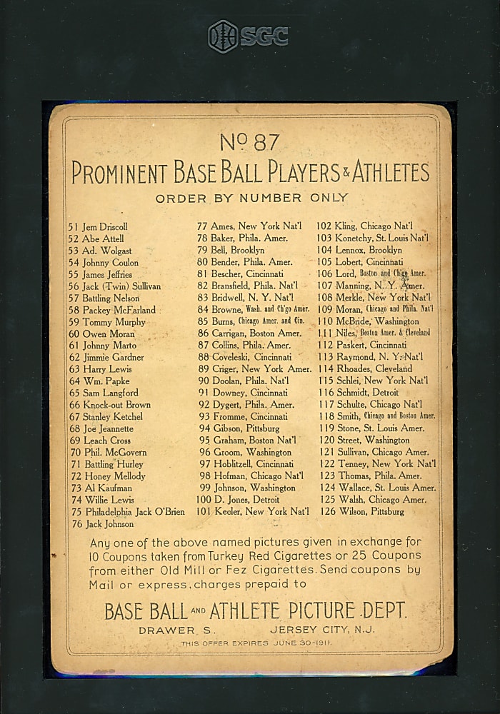 1911 T3 Turkey Red Cabinets #87 Eddie Collins Checklist Back SGC POOR 1