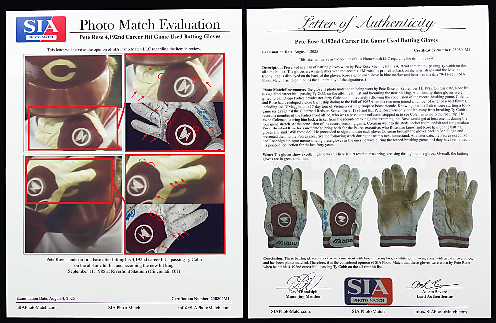 Extraordinary 9/11/1985 Pete Rose Cincinnati Reds Signed 4,192 Hit Record Game-Used Batting Gloves - Gifted Directly From Rose - SIA Photomatched!