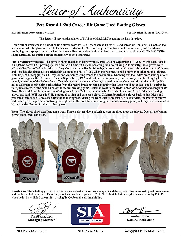 Extraordinary 9/11/1985 Pete Rose Cincinnati Reds Signed 4,192 Hit Record Game-Used Batting Gloves - Gifted Directly From Rose - SIA Photomatched!