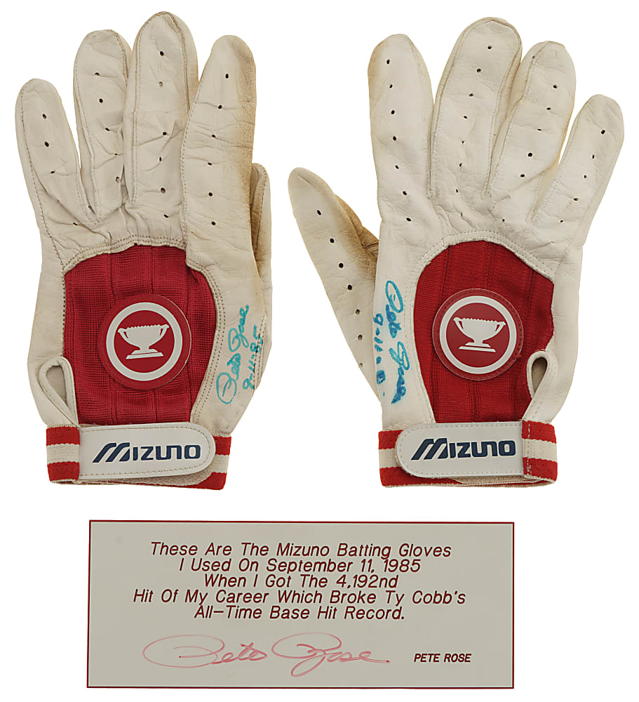 Extraordinary 9/11/1985 Pete Rose Cincinnati Reds Signed 4,192 Hit Record Game-Used Batting Gloves - Gifted Directly From Rose - SIA Photomatched!