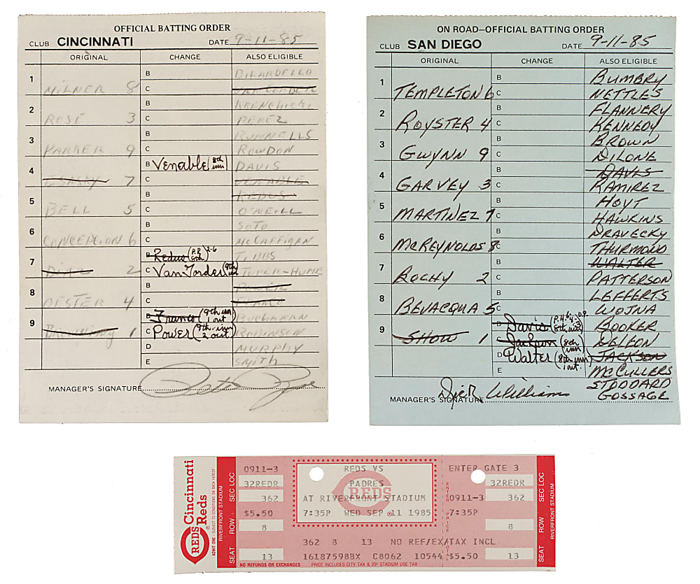 9/11/1985 Cincinnati Reds (vs. San Diego Padres) Lineup Cards - Pete Rose's Record-Breaking 4,192 Game - Direct Team Executive Provenance!