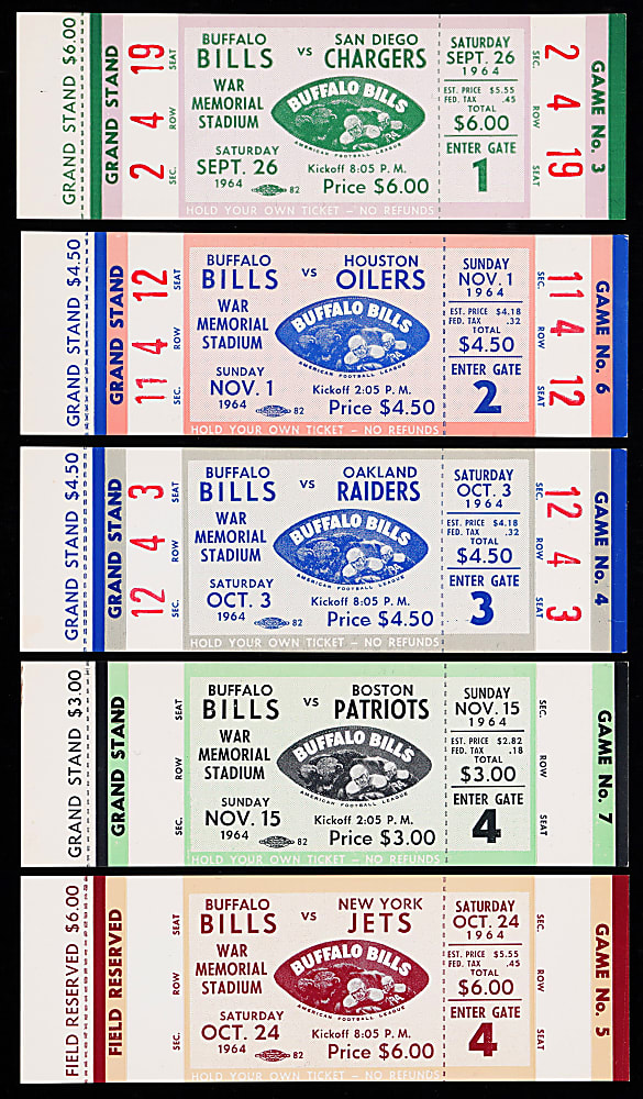 1964 AFL Champion Buffalo Bills Home Game Full Ticket, Near-Complete Set (5/7)