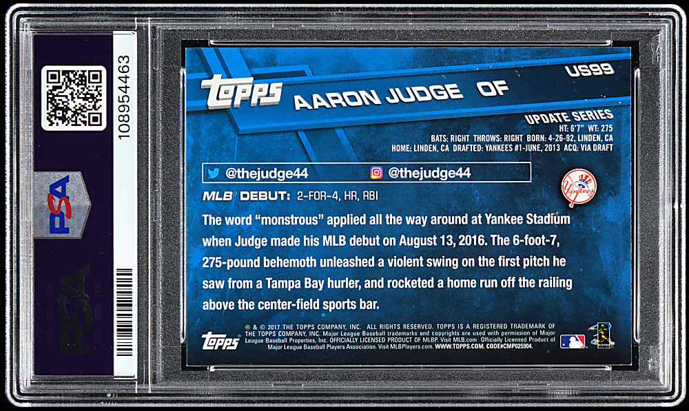 2017 Topps Update #US99 Aaron Judge Rookie, Bat on Left Shoulder Short Print Variation PSA NM-MT 8