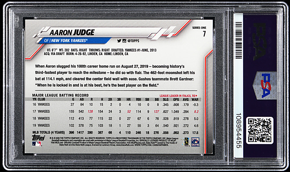 2020 Topps #7 Aaron Judge with Babe Ruth Background Super Shortprint PSA EX-MT 6