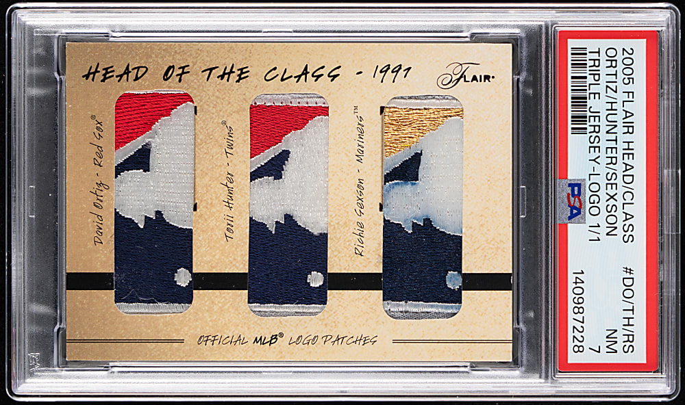 2005 Flair Head of the Class Torii Hunter/David Ortiz /Richie Sexson Triple MLB Logoman Patch #1/1 PSA NM 7