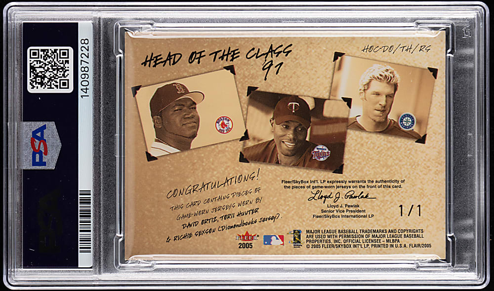 2005 Flair Head of the Class Torii Hunter/David Ortiz /Richie Sexson Triple MLB Logoman Patch #1/1 PSA NM 7