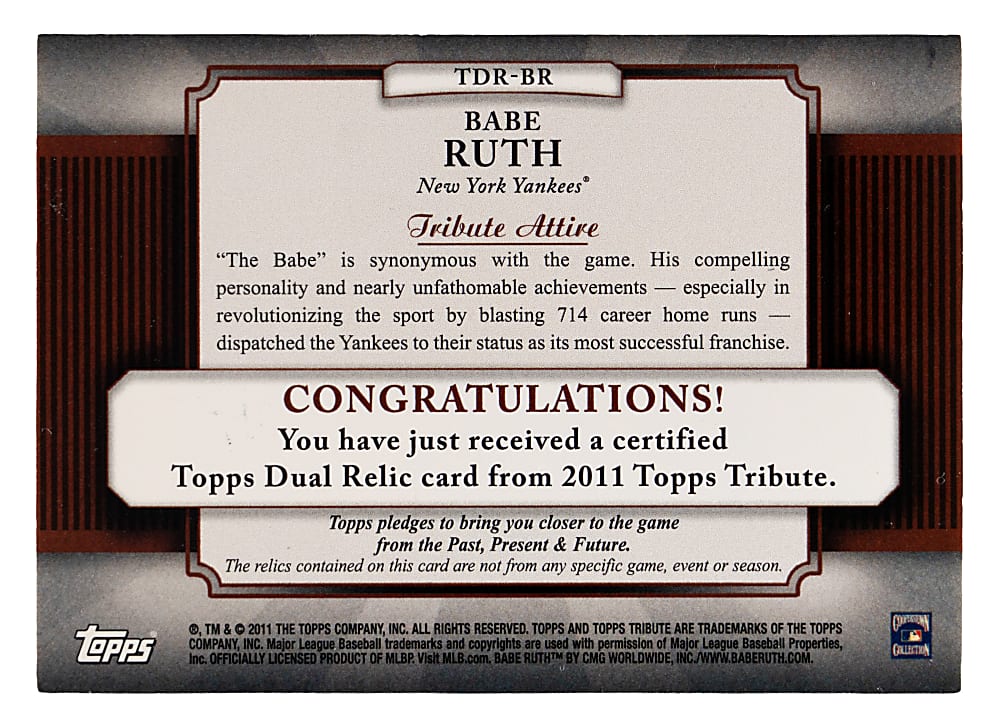 2011 Topps Tribute Babe Ruth Double Pinstripe Jersey Relic Gold Parallel #/20