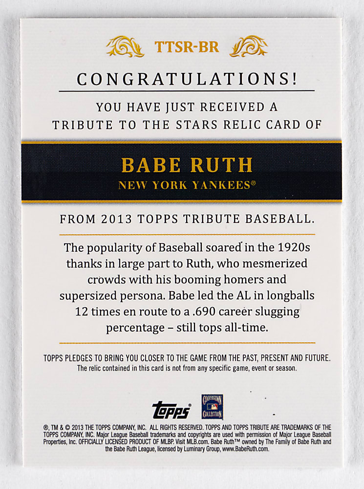 2013 Topps Tribute Babe Ruth To The Stars Relic Gold Parallel #/25