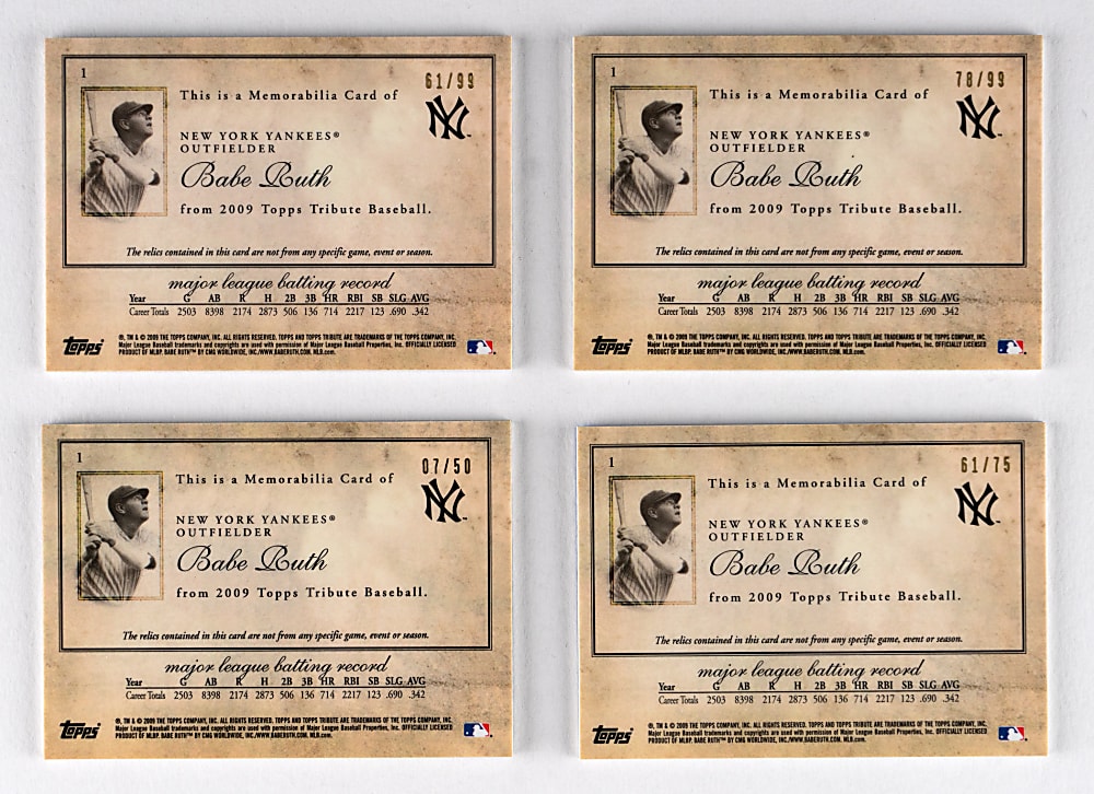 2009 Topps Tribute Babe Ruth #1 Dual Relic Collection (4) with #/50