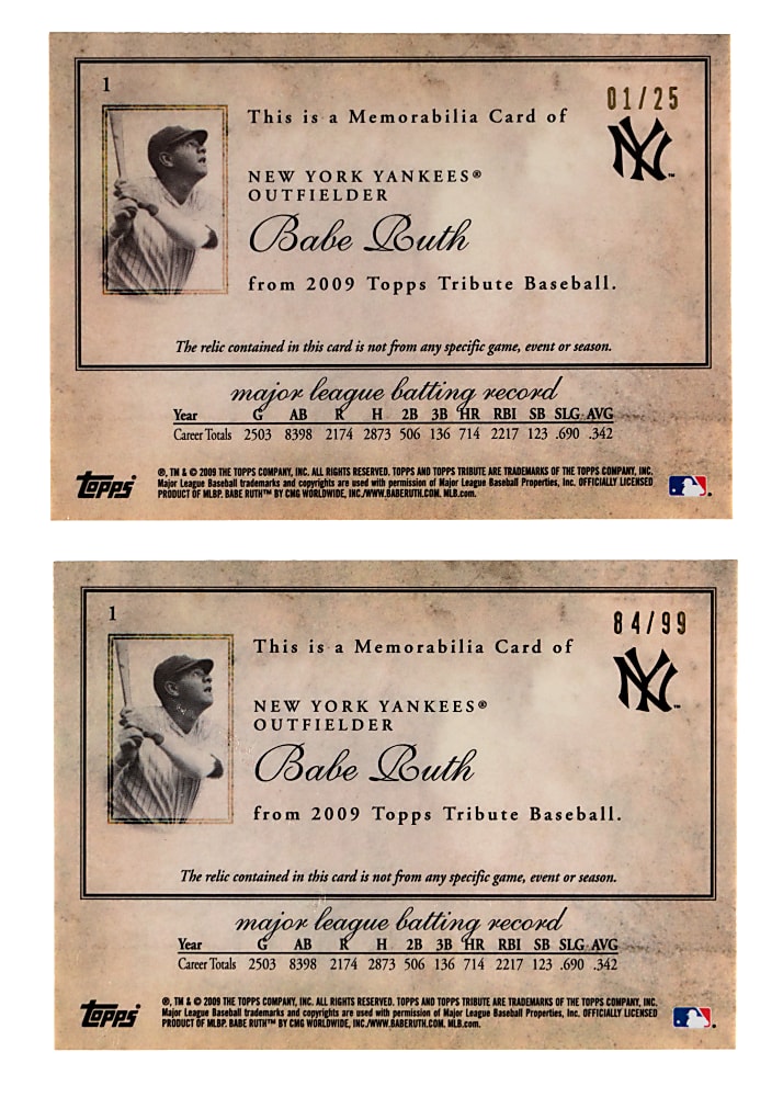 2009 Topps Tribute Babe Ruth #1 Single Relic Pair with Gold Parallel #/25