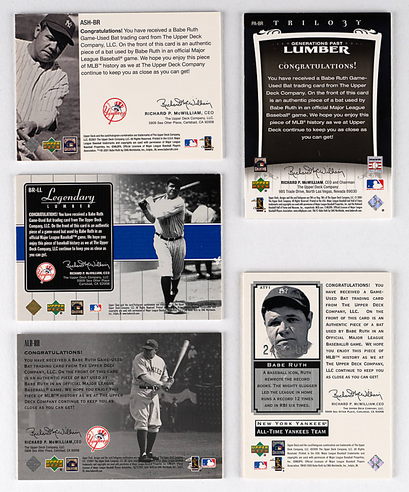 2000-2005 Upper Deck Product Babe Ruth Game-Used Bat Cards (5)