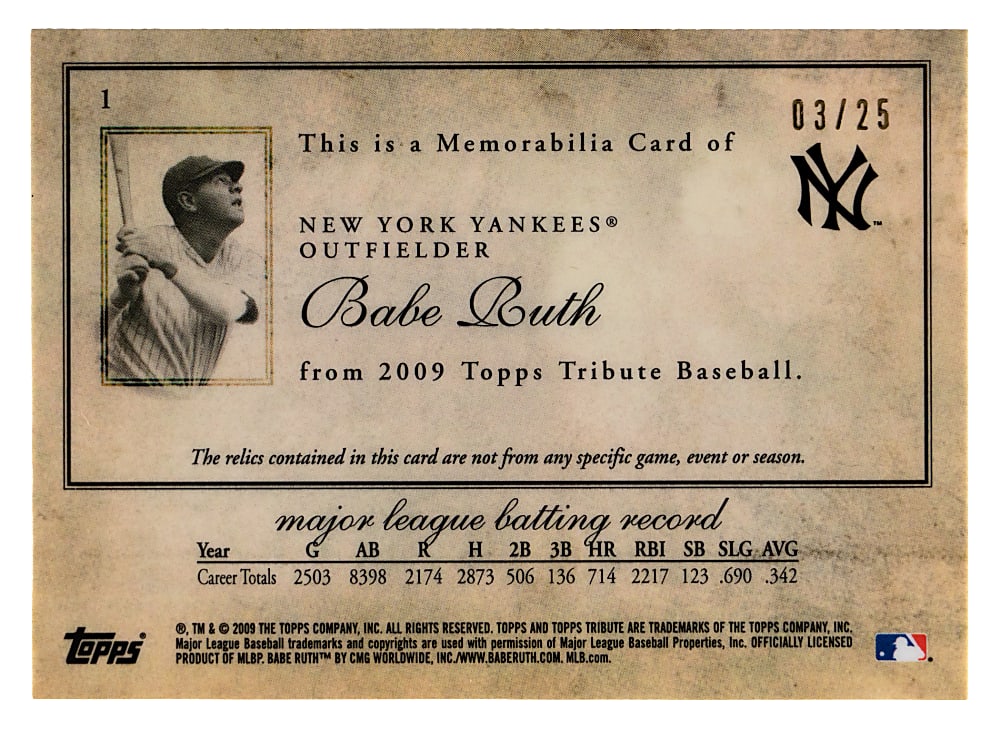 2009 Topps Tribute Babe Ruth #1 Triple Relic Gold Parallel #/25 with Partial Pinstripe - Matches Jersey Number!