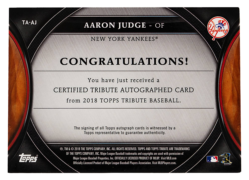 2018 Topps Tribute Aaron Judge Certified Autograph (Away Jersey) Pose Orange Parallel #/25