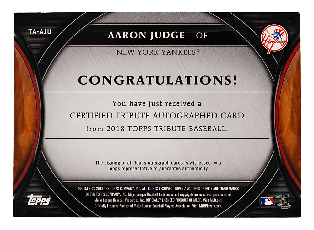 2018 Topps Tribute Aaron Judge Certified Autograph (Home Jersey) Pose Purple Parallel #/50