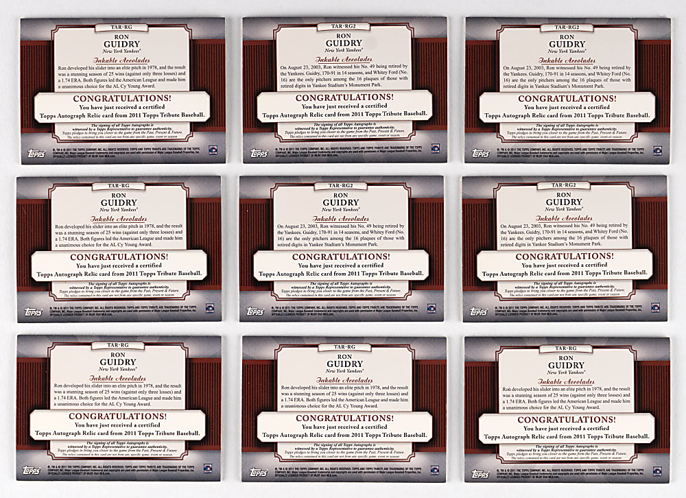 2011 Topps Tribute Ron Guidry Autographed Relic Complete/Near Rainbow Set Pair - (9 Total Cards)
