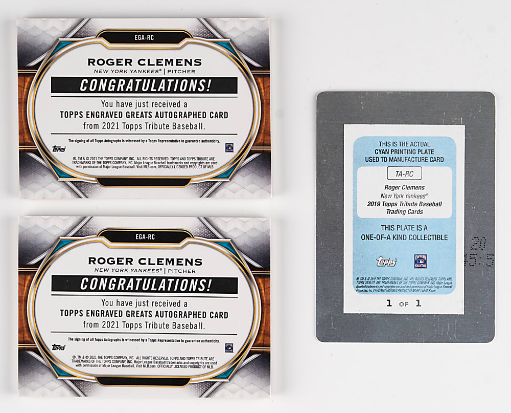 2019-2021 Topps Tribute Roger Clemens Certified Autograph Trio with #1/1 Printing Plate