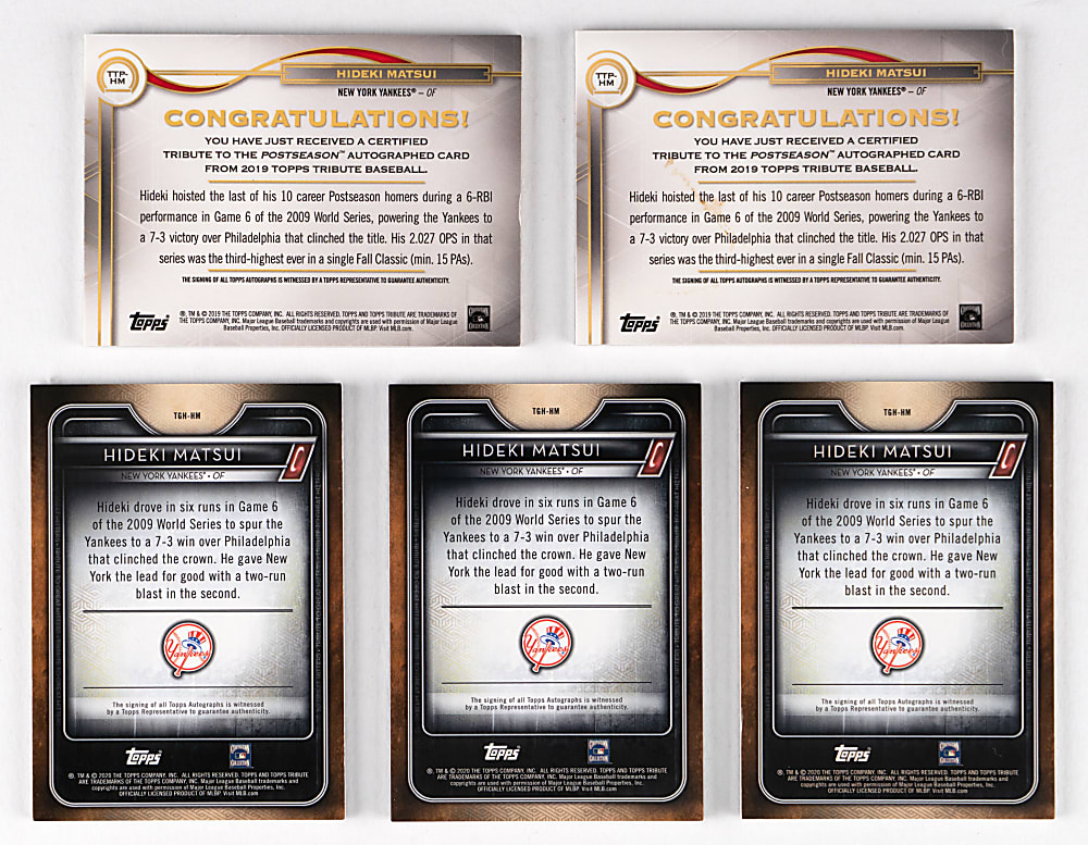 2019 & 2020 Topps Tribute Hideki Matsui Certified Autographs (5) Different with (2) #1/1