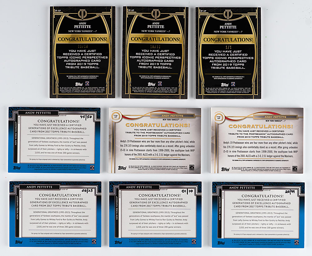 2017-2019 Topps Tribute Andy Pettitte Certified Autograph Near Rainbow Set Trio - (9 Total Cards)