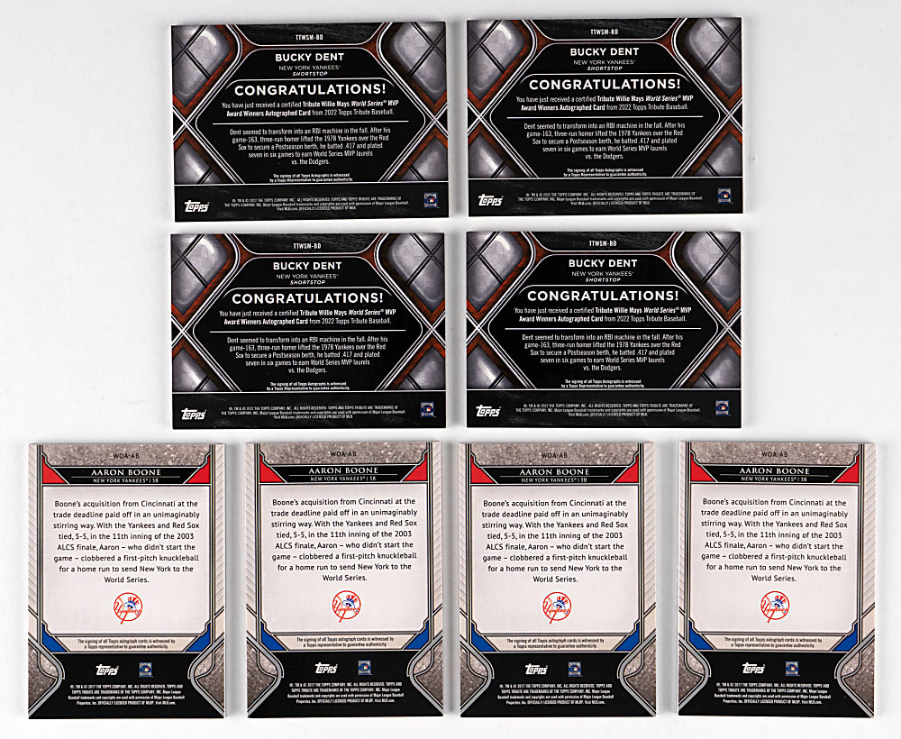 2017-2020 Topps Tribute Aaron Boone & Bucky Dent Certified Autograph Rainbow Set Pair - (8 Total Cards)