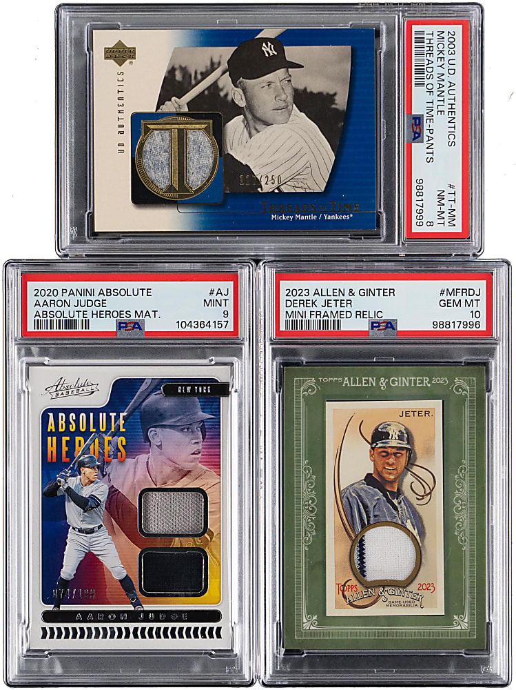 2003-2020 New York Yankees Superstar Game-Used Relic PSA Graded Trio with Mickey Mantle, Aaron Judge & Derek Jeter GEM MINT 10