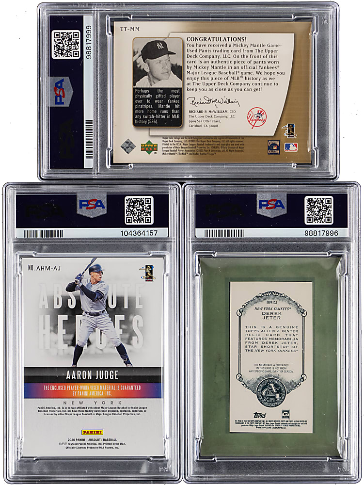2003-2020 New York Yankees Superstar Game-Used Relic PSA Graded Trio with Mickey Mantle, Aaron Judge & Derek Jeter GEM MINT 10