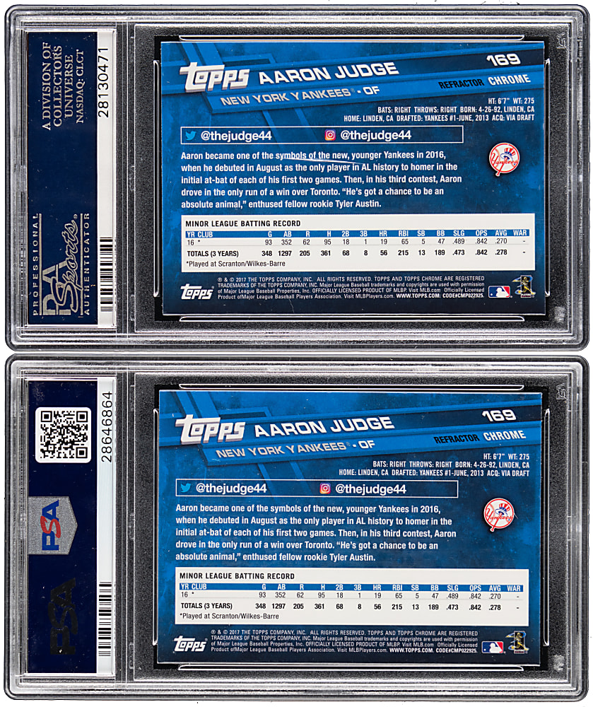2017 Topps Chrome #169 Aaron Judge Rookie (Catching) Refractor Variation PSA GEM MINT 10 Pair with Sepia