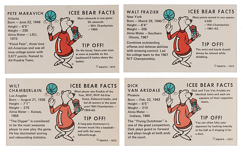 1972 Icee Bear Basketball Group (4) with Wilt Chamberlain & Pete Maravich