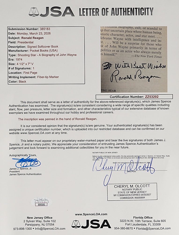 Ronald Reagan Signed "Shooting Star: A Biography of John Wayne" Paperback Book - JSA LOA
