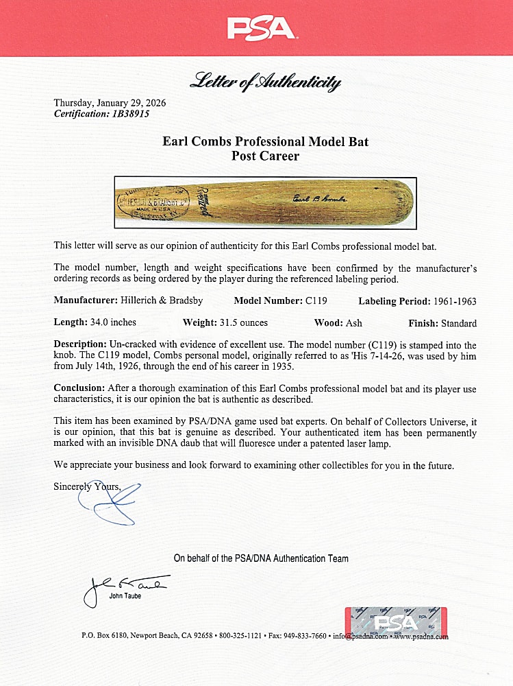 1961-1963 Earle Combs Post Career (1926-1935 Style) Professional Model Bat with PSA LOA