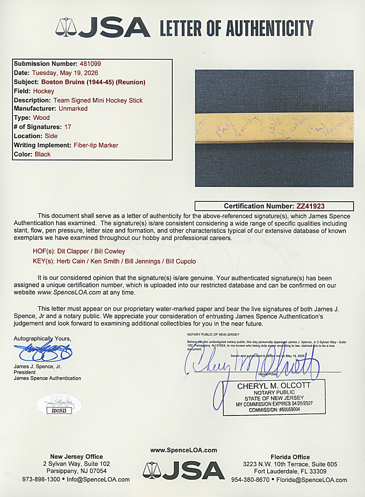 1944-1945 Boston Bruins Team-Signed Mini Hockey Stick with (17) Signatures Including Dit Clapper & Bill Cowley - Full JSA