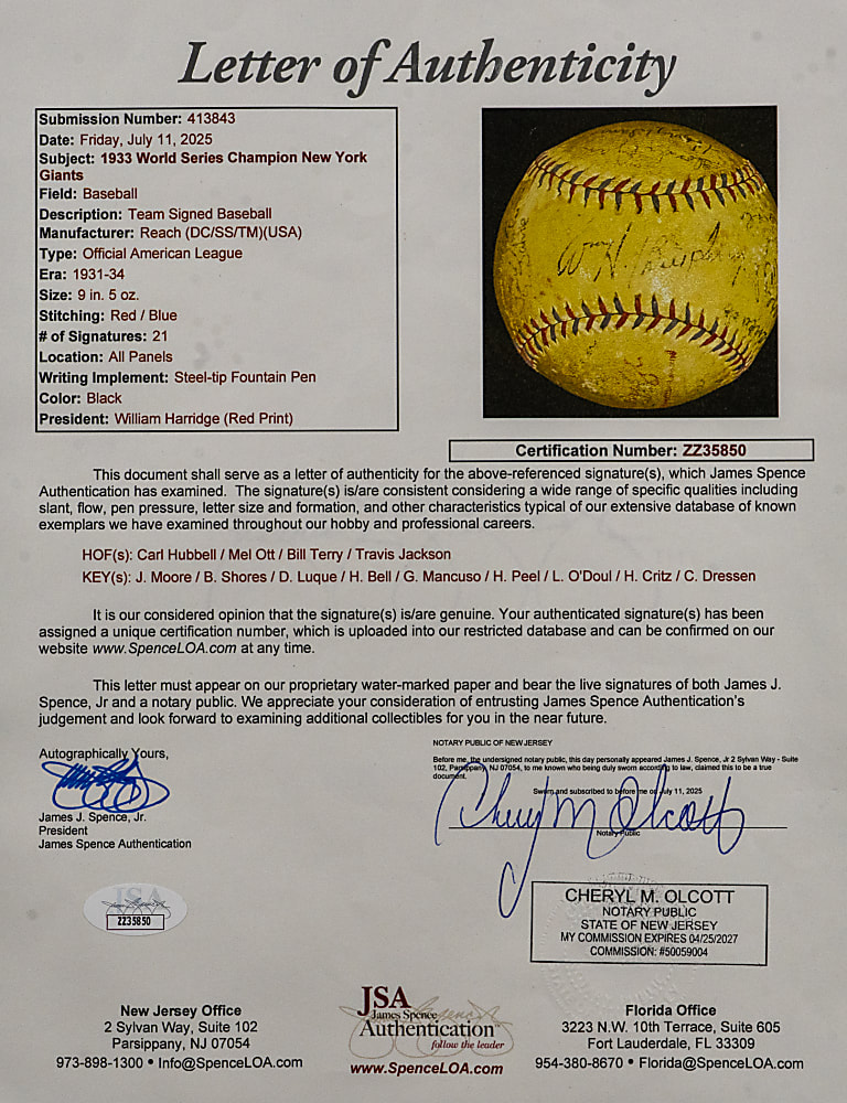1933 World Series Champion New York Giants Team-Signed Baseball with (21) Signatures Including Ott, Hubbell, Dressen & O'Doul - Full JSA LOA