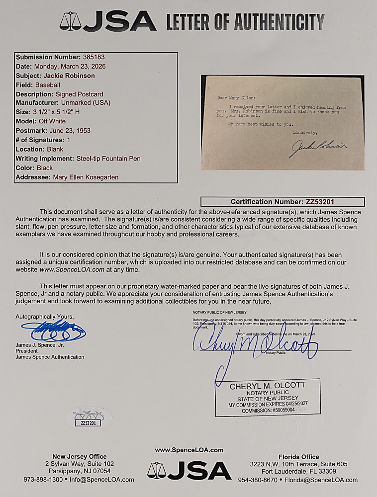 1953 Jackie Robinson Signed Government Postcard with Full JSA LOA